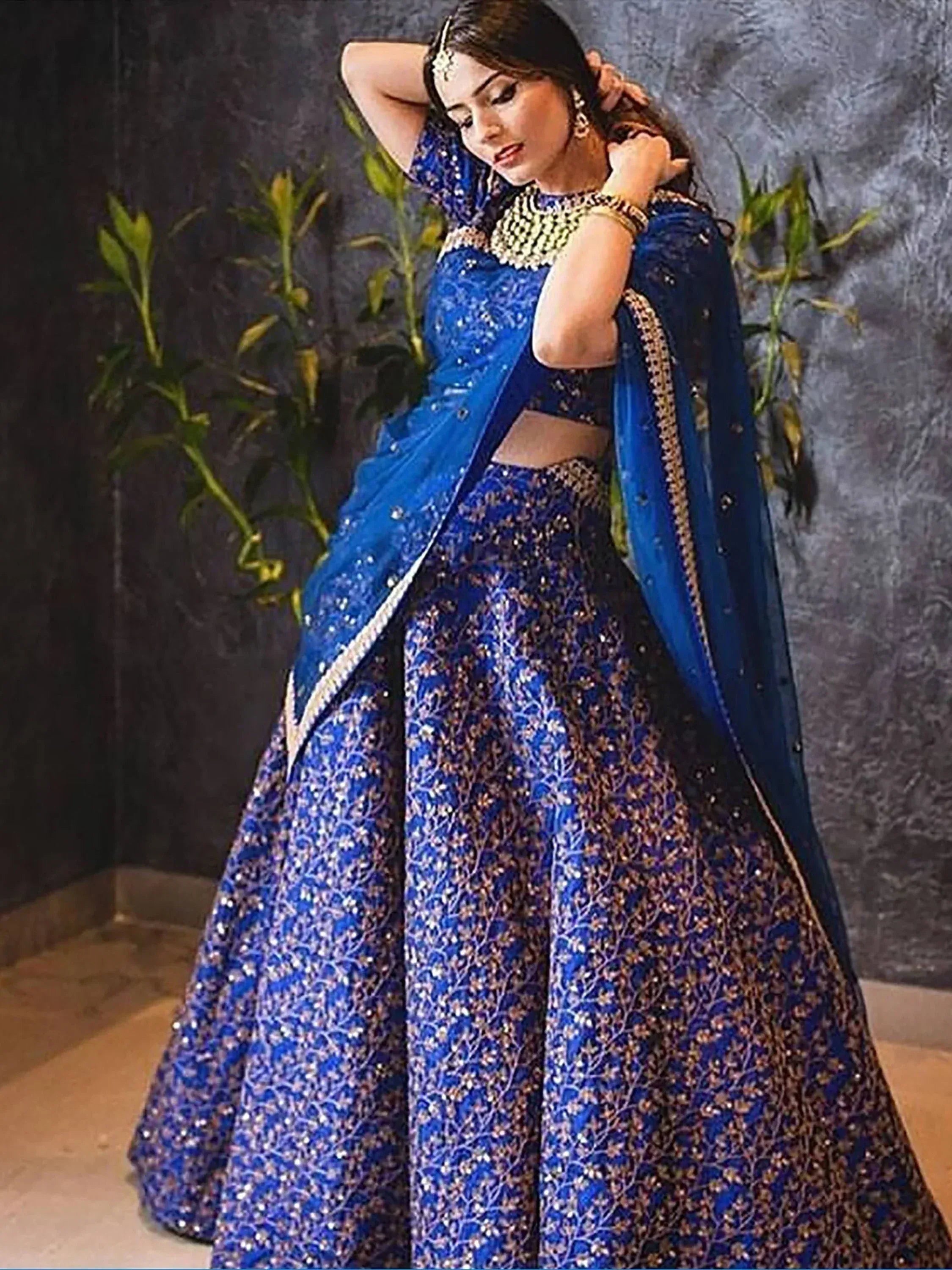 Tulsi Art Blue Zari Embroidered Silk Bridal Lehenga Choli | Grocsy