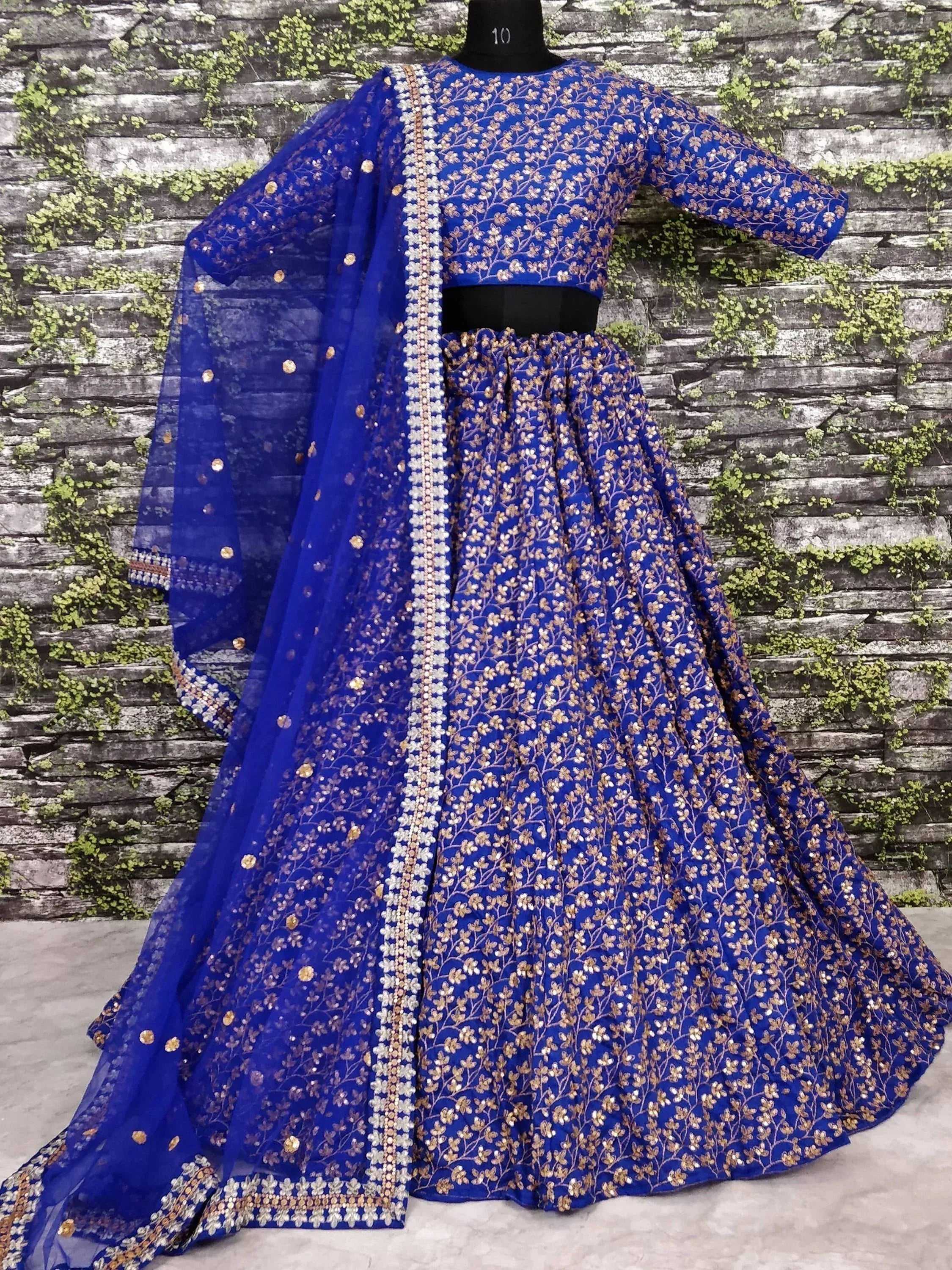 Tulsi Art Blue Zari Embroidered Silk Bridal Lehenga Choli | Grocsy