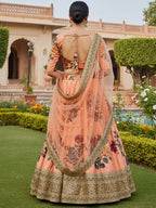 Tulsi Art Gorgeous Peach Floral Printed Art Silk Lehenga Choli With Dupatta | Grocsy