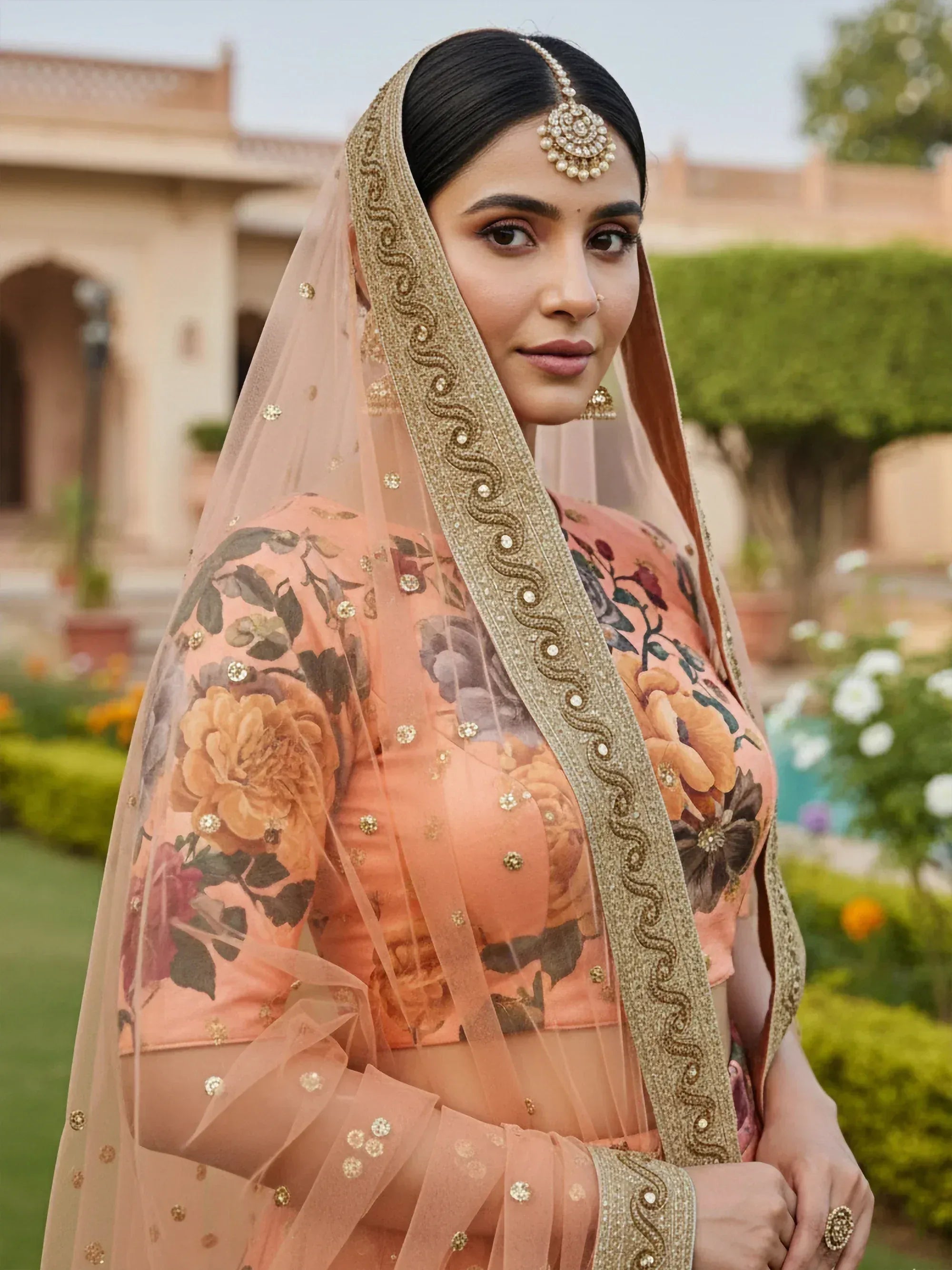 Tulsi Art Gorgeous Peach Floral Printed Art Silk Lehenga Choli With Dupatta | Grocsy