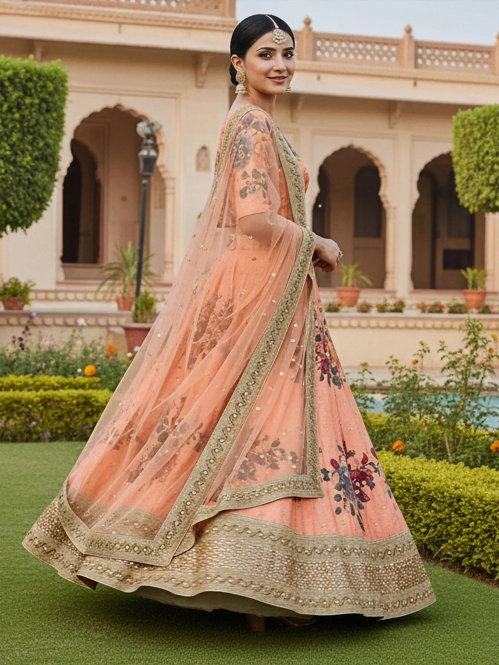 Tulsi Art Gorgeous Peach Floral Printed Art Silk Lehenga Choli With Dupatta | Grocsy