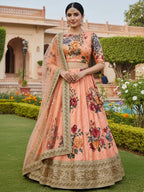 Tulsi Art Gorgeous Peach Floral Printed Art Silk Lehenga Choli With Dupatta | Grocsy