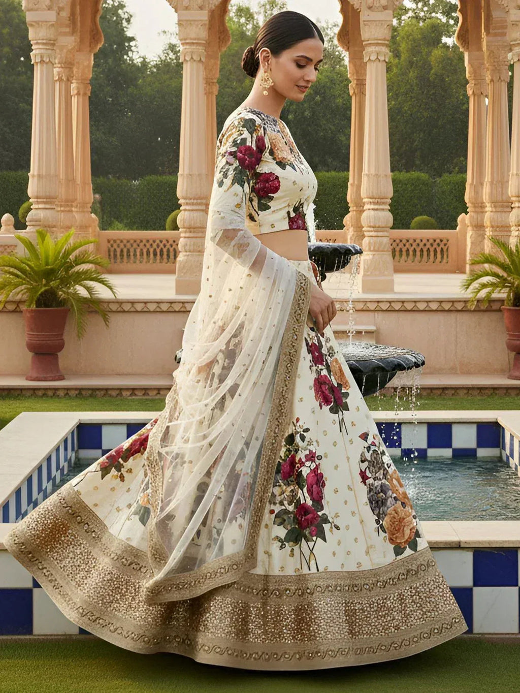 Tulsi Art Fabulous Cream Floral Printed Silk Wedding Lehenga Choli With Dupatta | Grocsy