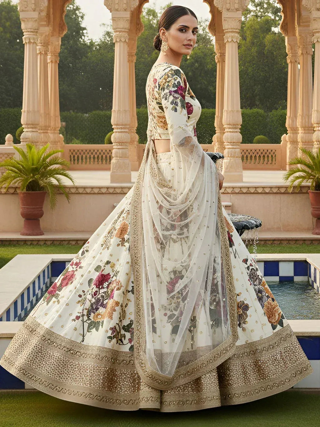 Tulsi Art Fabulous Cream Floral Printed Silk Wedding Lehenga Choli With Dupatta | Grocsy