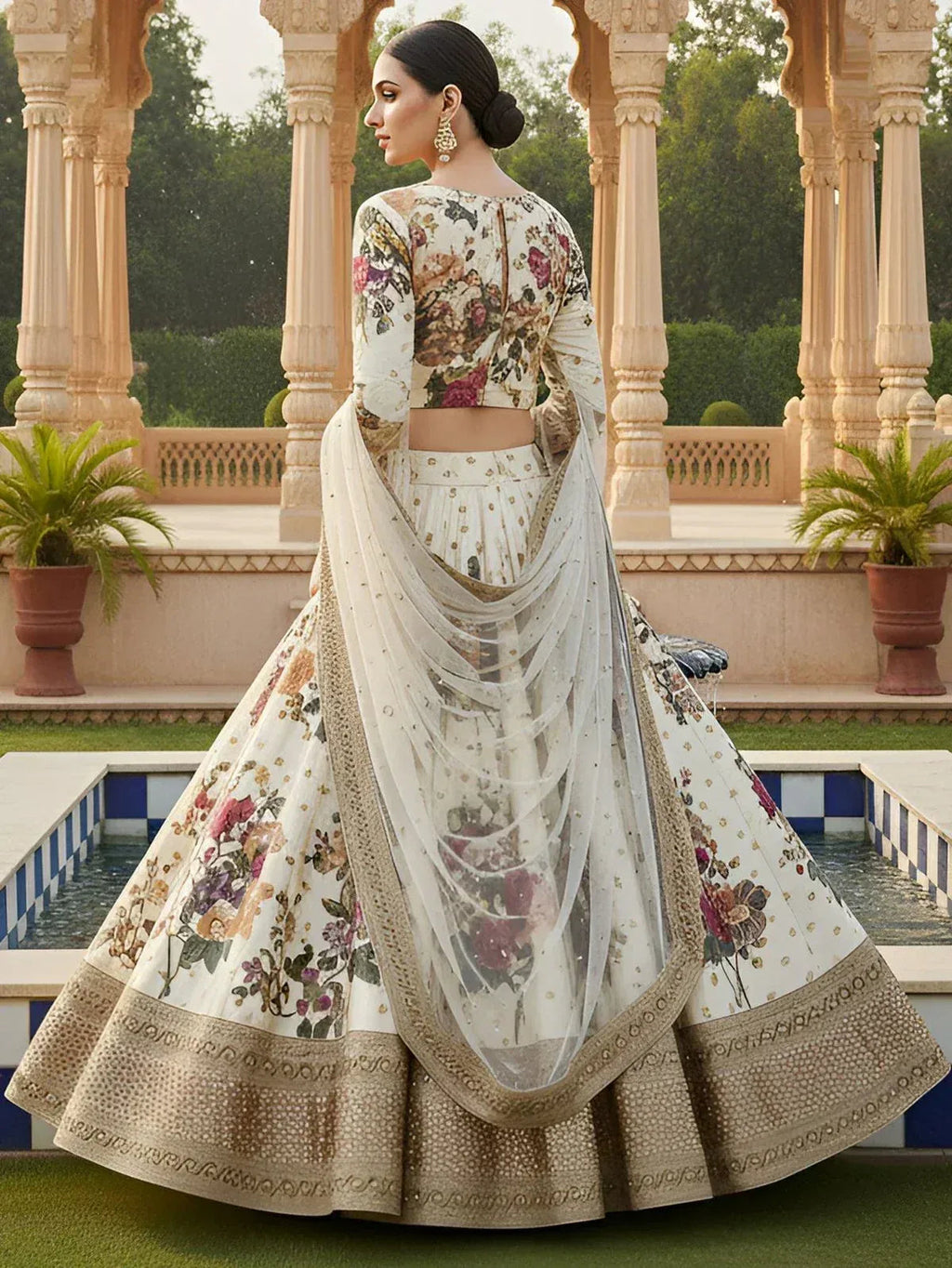 Tulsi Art Fabulous Cream Floral Printed Silk Wedding Lehenga Choli With Dupatta | Grocsy
