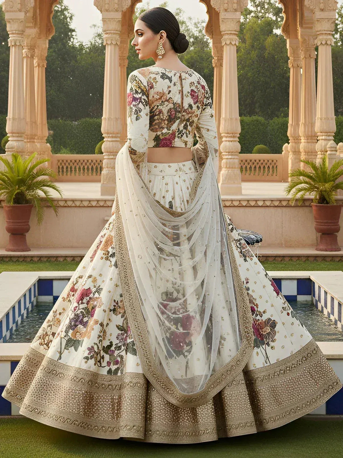 Tulsi Art Fabulous Cream Floral Printed Silk Wedding Lehenga Choli With Dupatta | Grocsy