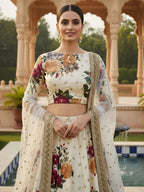 Tulsi Art Fabulous Cream Floral Printed Silk Wedding Lehenga Choli With Dupatta | Grocsy