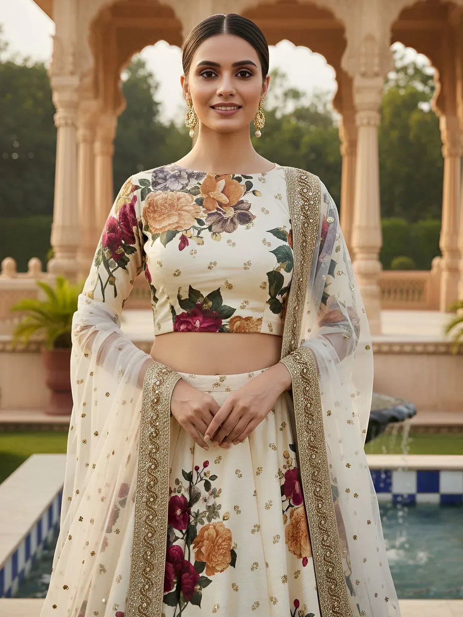 Tulsi Art Fabulous Cream Floral Printed Silk Wedding Lehenga Choli With Dupatta | Grocsy