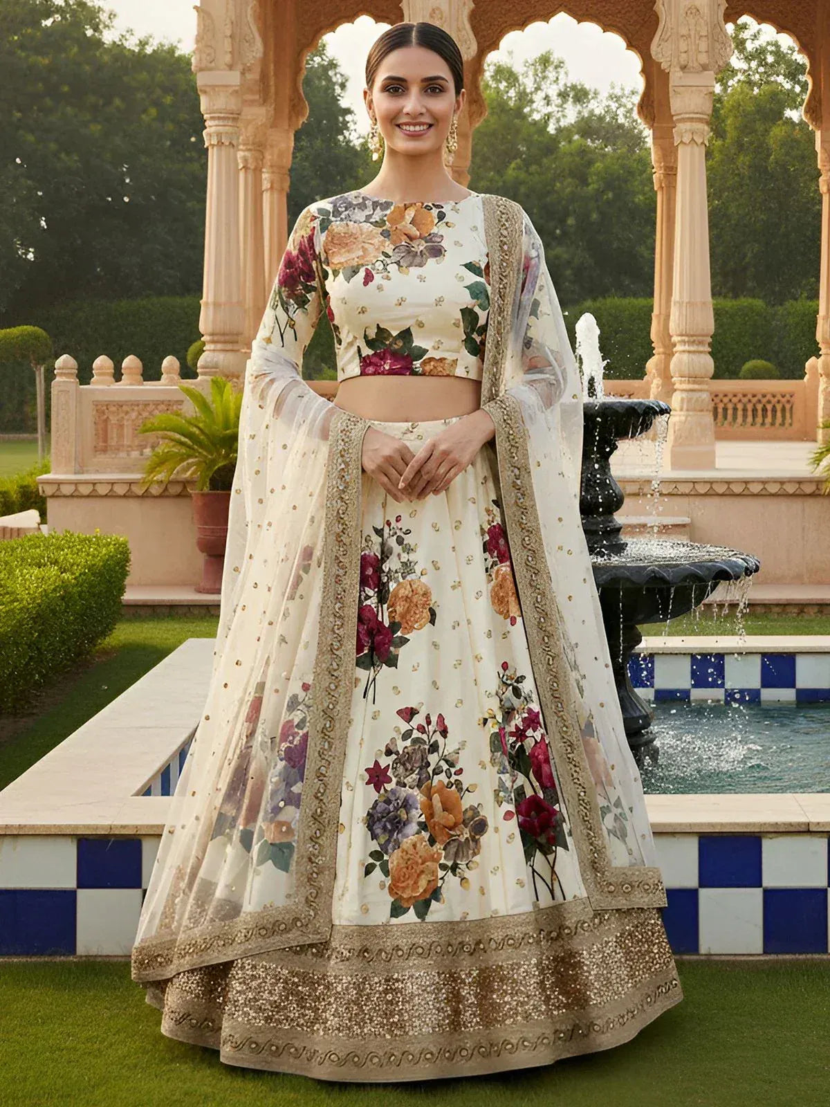 Tulsi Art Fabulous Cream Floral Printed Silk Wedding Lehenga Choli With Dupatta | Grocsy