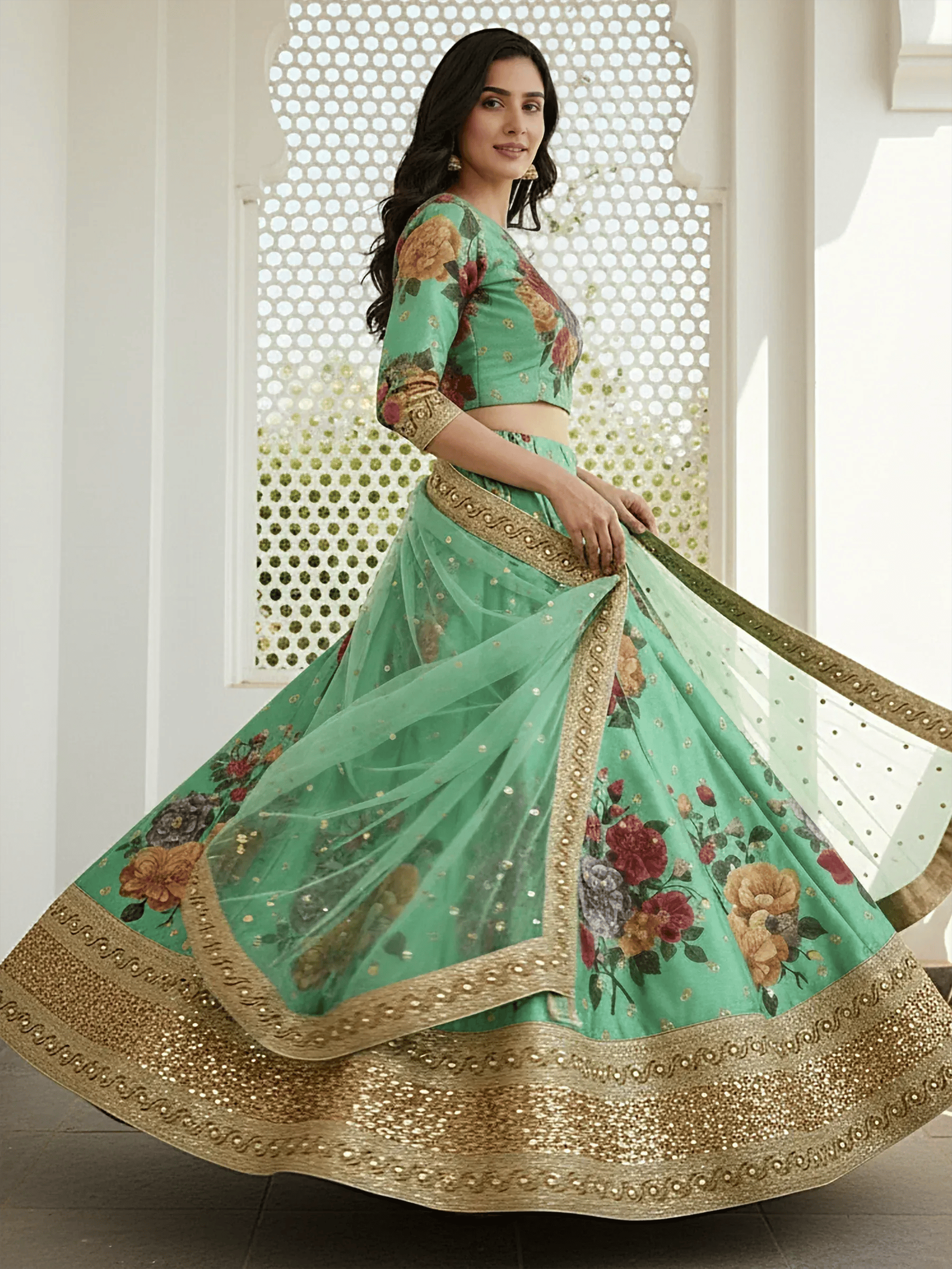 Tulsi Art Amazing Green Floral Printed Silk Traditional Lehenga Choli With Dupatta | Grocsy