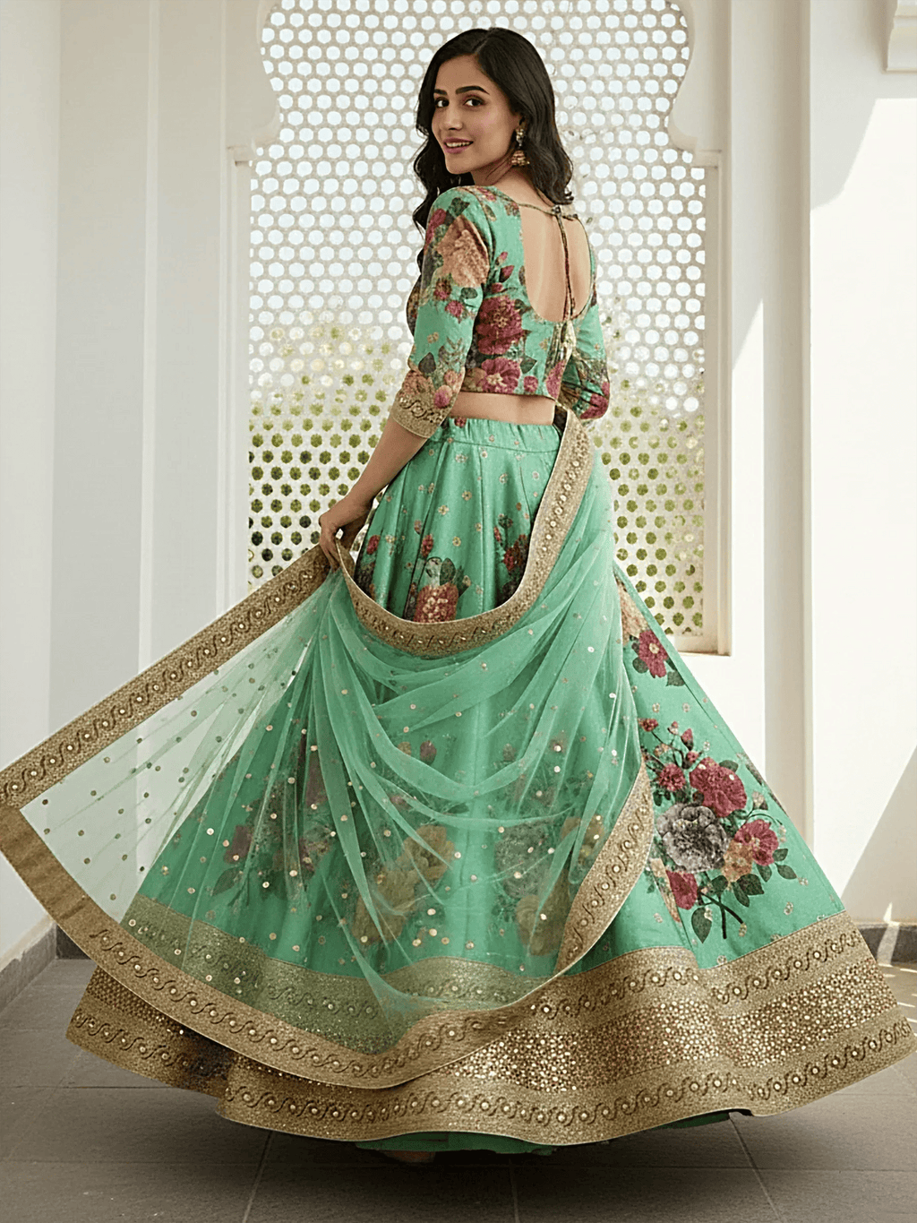 Tulsi Art Amazing Green Floral Printed Silk Traditional Lehenga Choli With Dupatta | Grocsy
