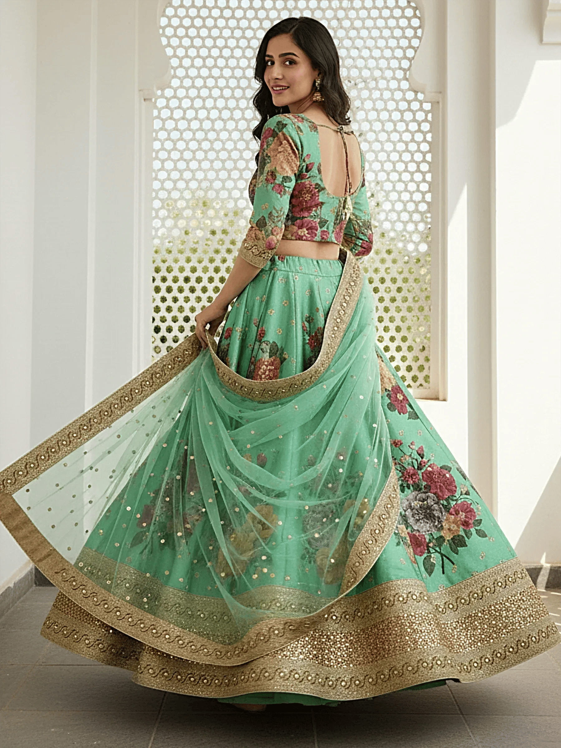 Tulsi Art Amazing Green Floral Printed Silk Traditional Lehenga Choli With Dupatta | Grocsy