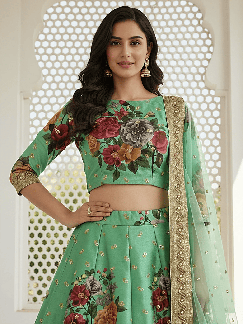 Tulsi Art Amazing Green Floral Printed Silk Traditional Lehenga Choli With Dupatta | Grocsy