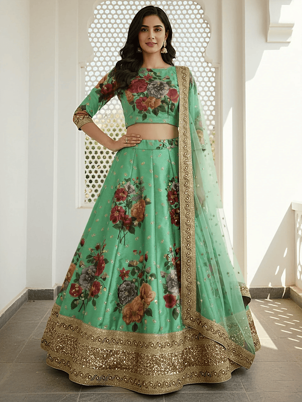 Tulsi Art Amazing Green Floral Printed Silk Traditional Lehenga Choli With Dupatta | Grocsy