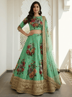 Tulsi Art Amazing Green Floral Printed Silk Traditional Lehenga Choli With Dupatta | Grocsy
