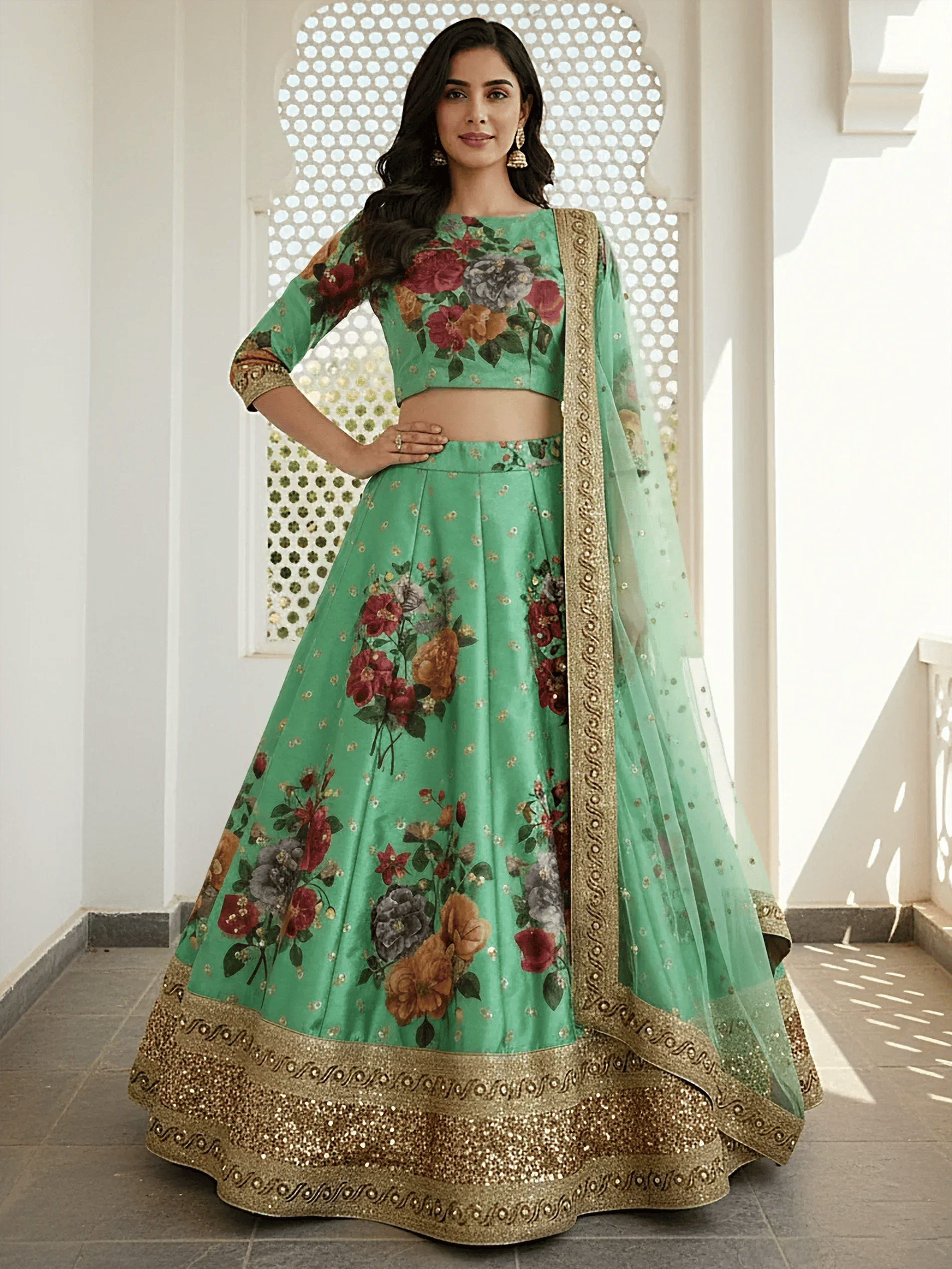 Tulsi Art Amazing Green Floral Printed Silk Traditional Lehenga Choli With Dupatta | Grocsy