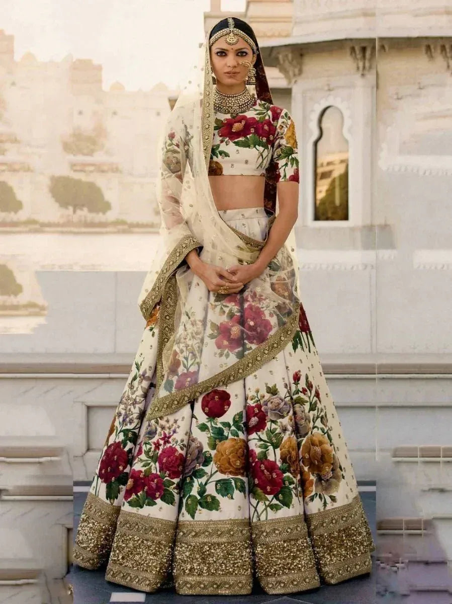 Tulsi Art Cream Floral Digital Printed Art Silk Bridal Lehenga Choli | Grocsy
