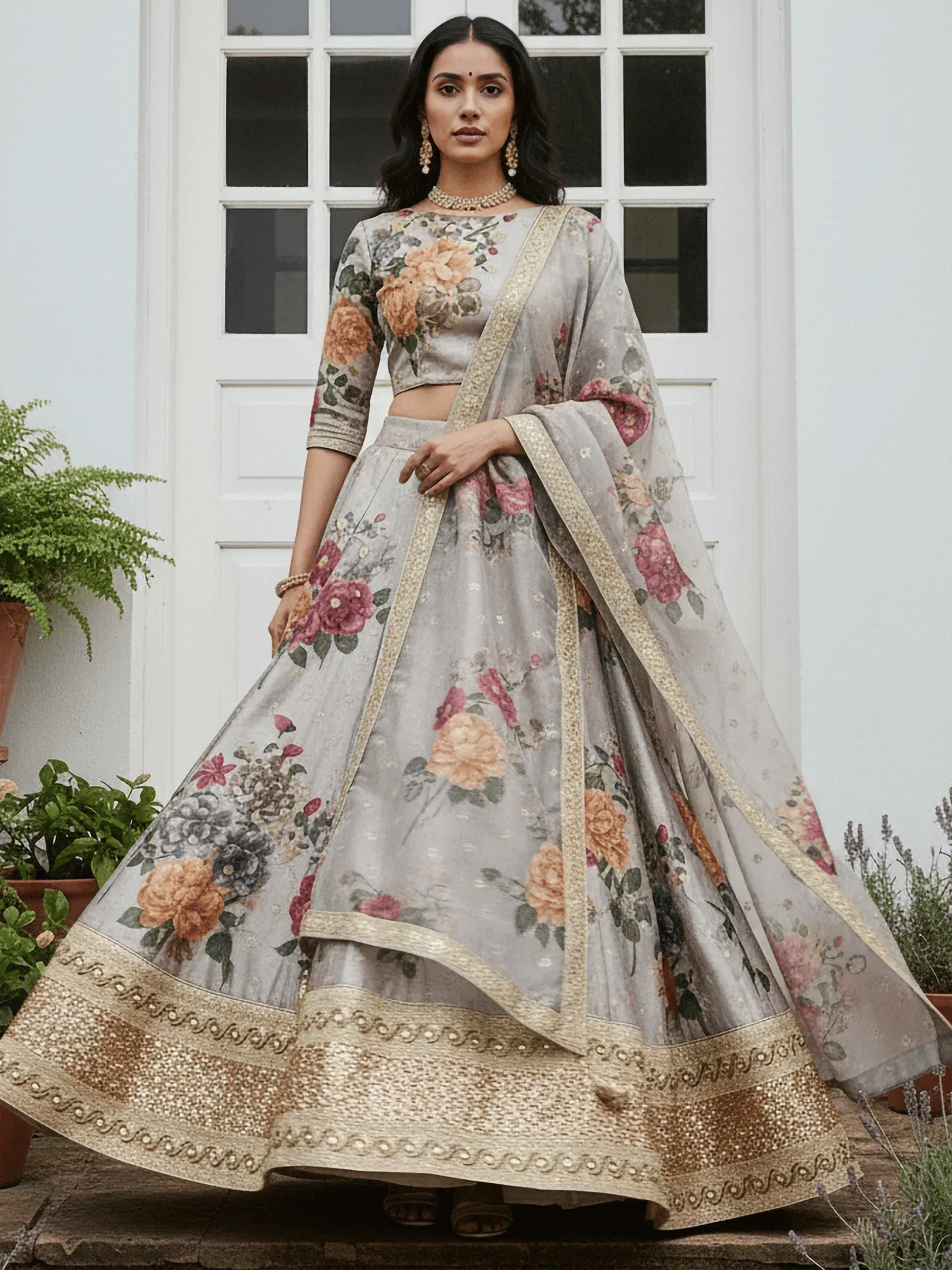 Tulsi Art Awesome Gray Floral Printed Art Silk Lehenga Choli With Dupatta | Grocsy