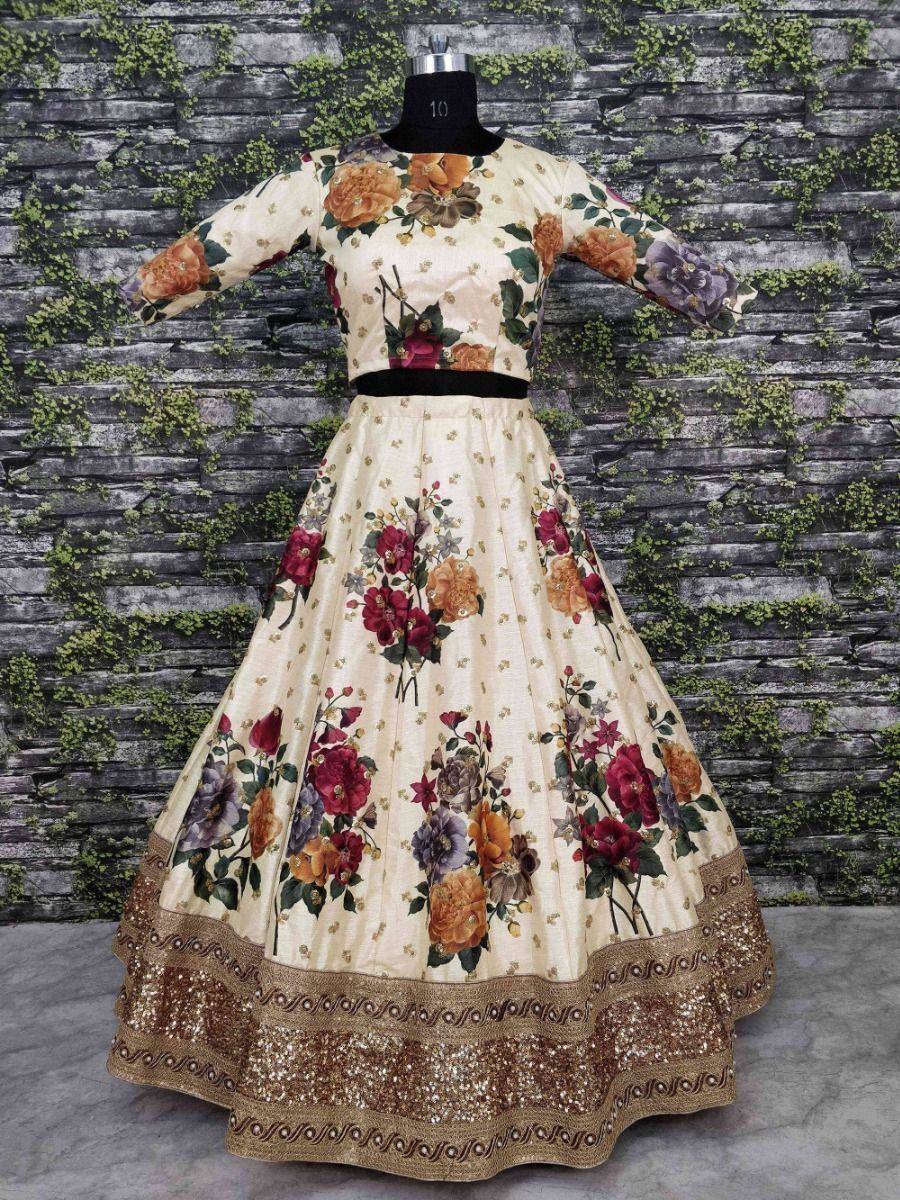Tulsi Art Cream Floral Digital Printed Art Silk Bridal Lehenga Choli | Grocsy