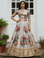 Tulsi Art Awesome Gray Floral Printed Art Silk Lehenga Choli With Dupatta | Grocsy