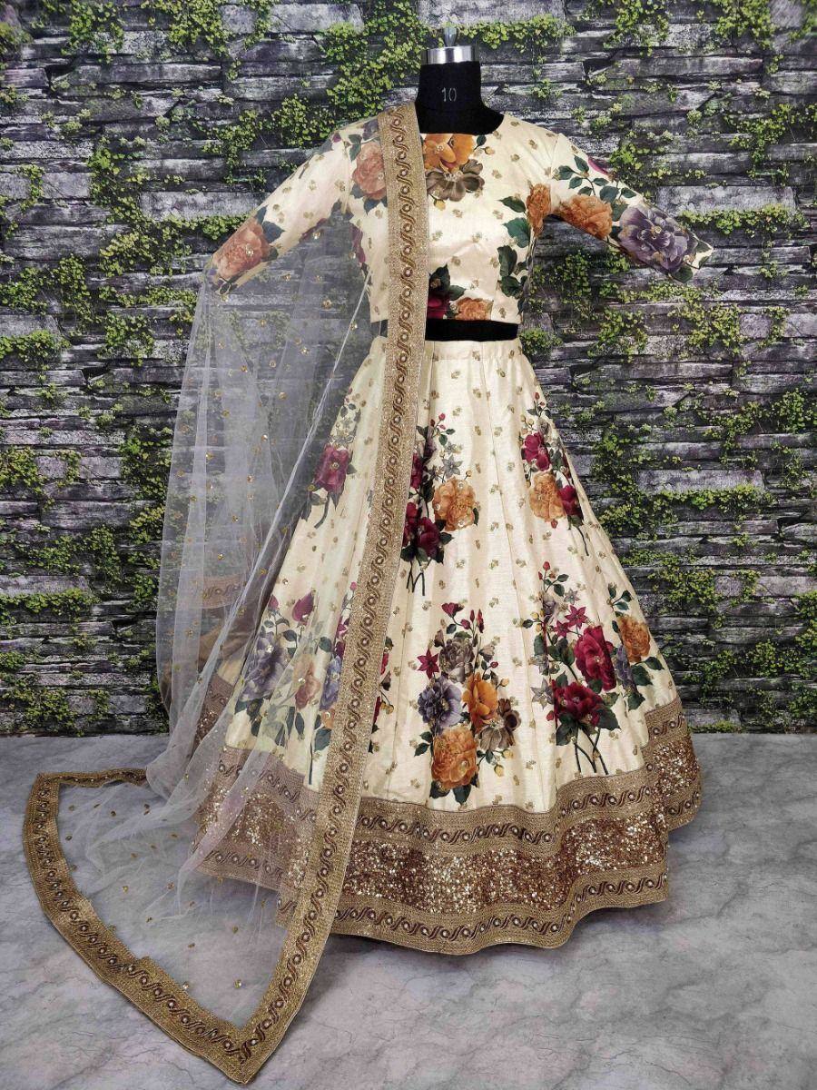 Tulsi Art Cream Floral Digital Printed Art Silk Bridal Lehenga Choli | Grocsy