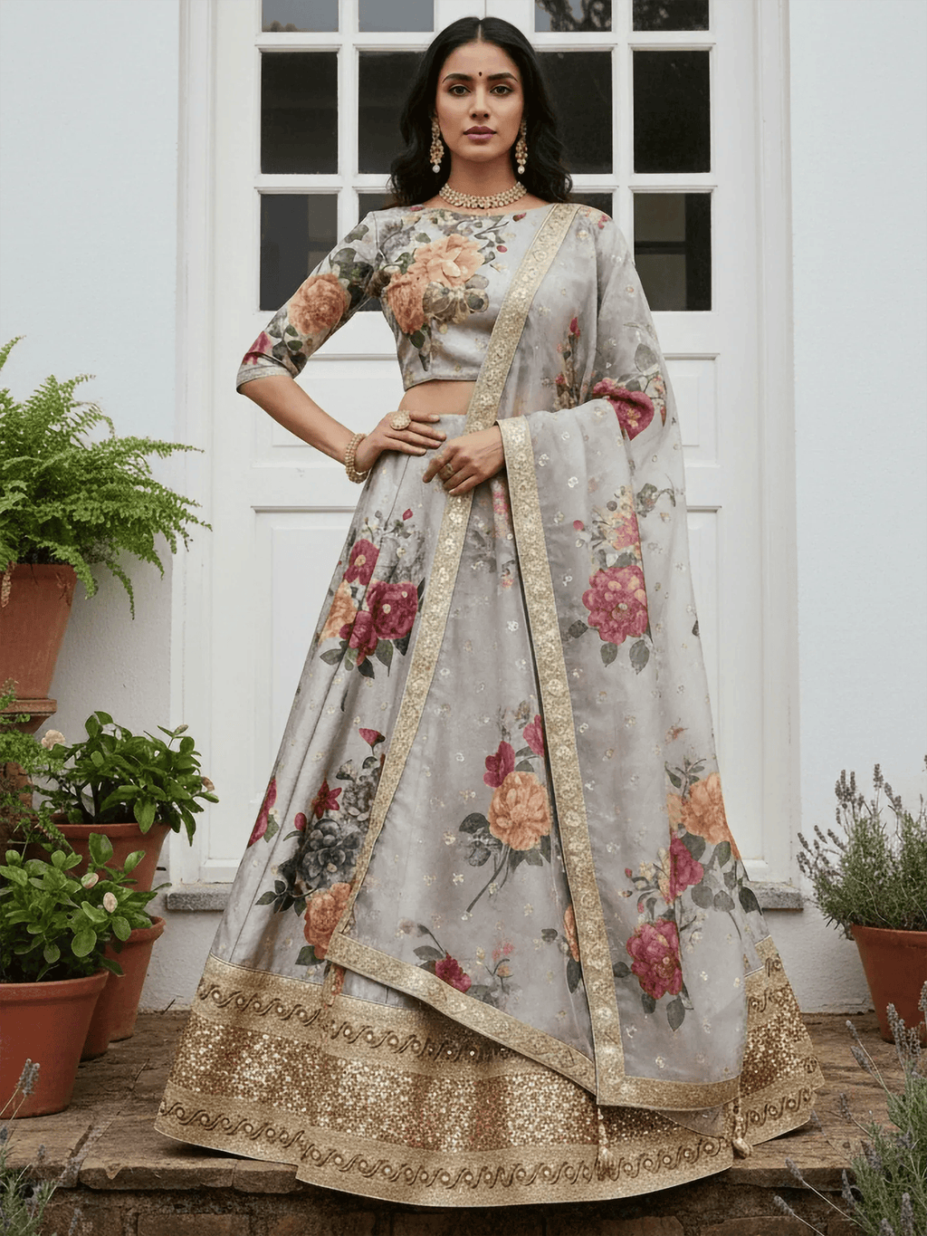 Tulsi Art Awesome Gray Floral Printed Art Silk Lehenga Choli With Dupatta | Grocsy