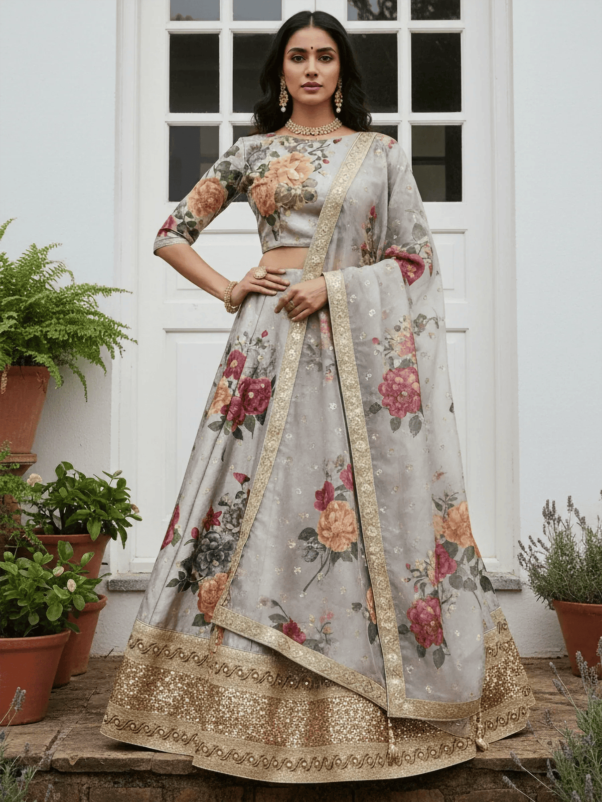 Tulsi Art Awesome Gray Floral Printed Art Silk Lehenga Choli With Dupatta | Grocsy