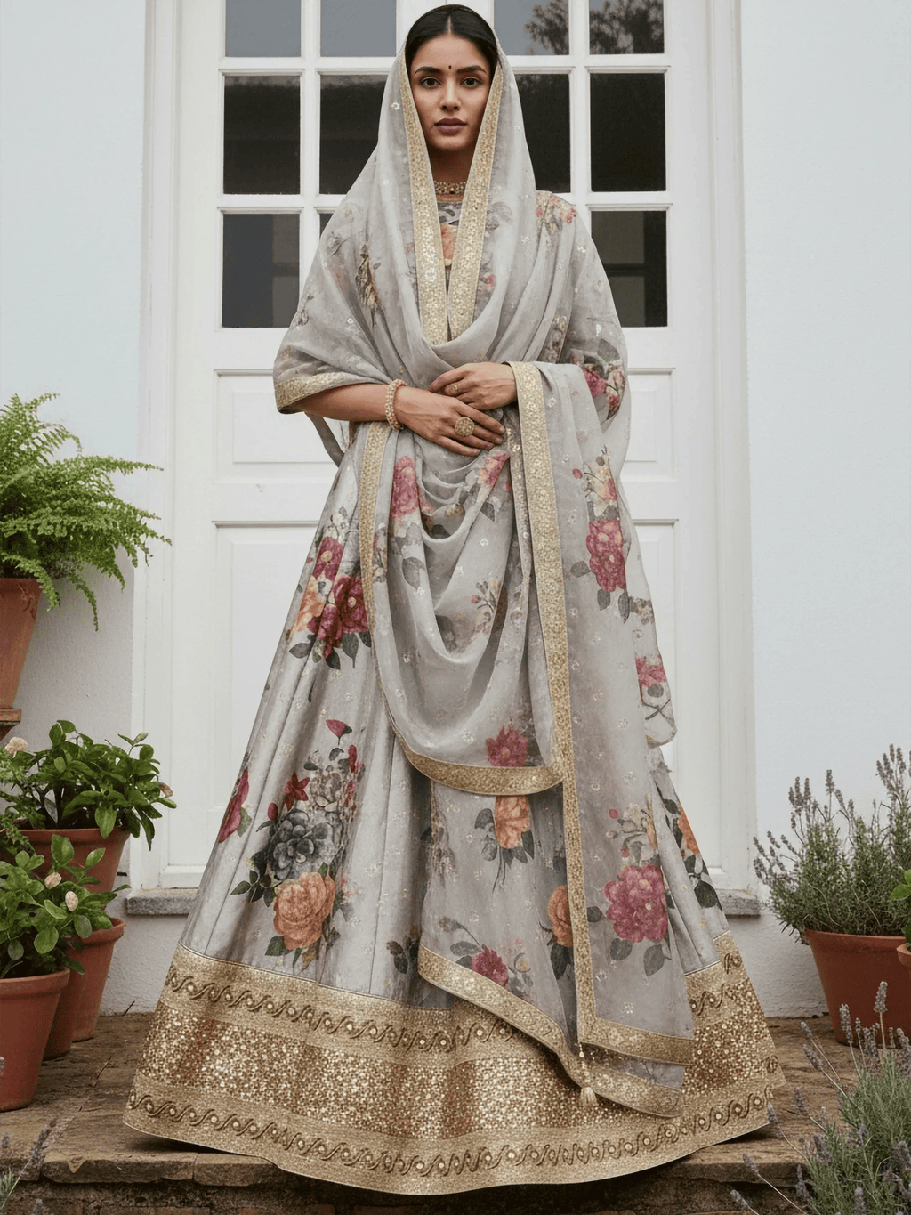 Tulsi Art Awesome Gray Floral Printed Art Silk Lehenga Choli With Dupatta | Grocsy