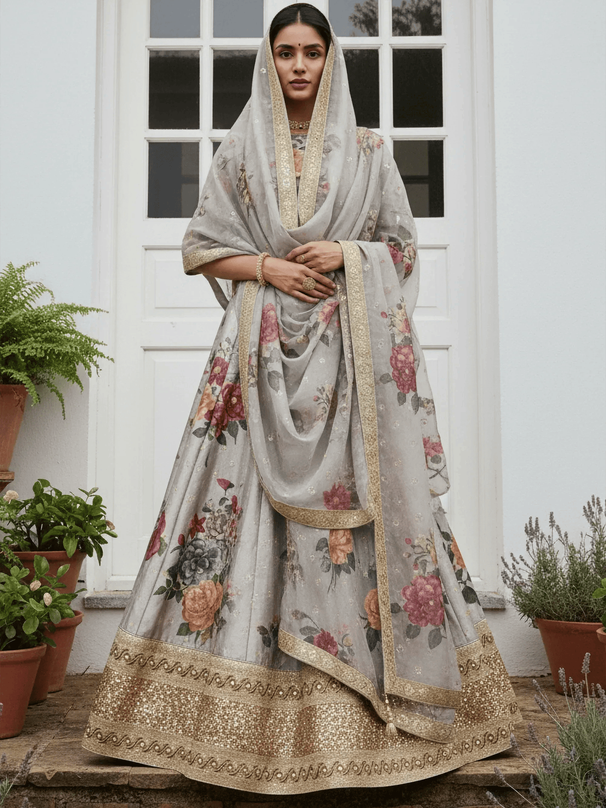 Tulsi Art Awesome Gray Floral Printed Art Silk Lehenga Choli With Dupatta | Grocsy