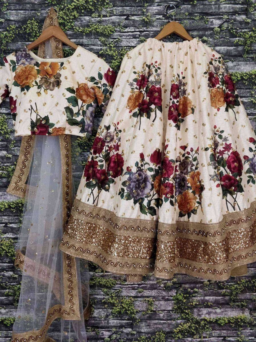 Tulsi Art Cream Floral Digital Printed Art Silk Bridal Lehenga Choli | Grocsy