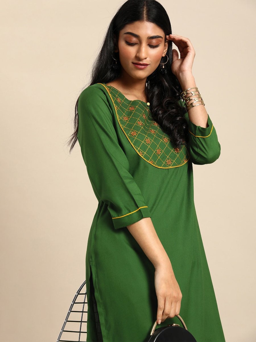 All About You Women Green Ethnic Motifs Yoke Design Keyhole Neck Straight Kurta | Grocsy