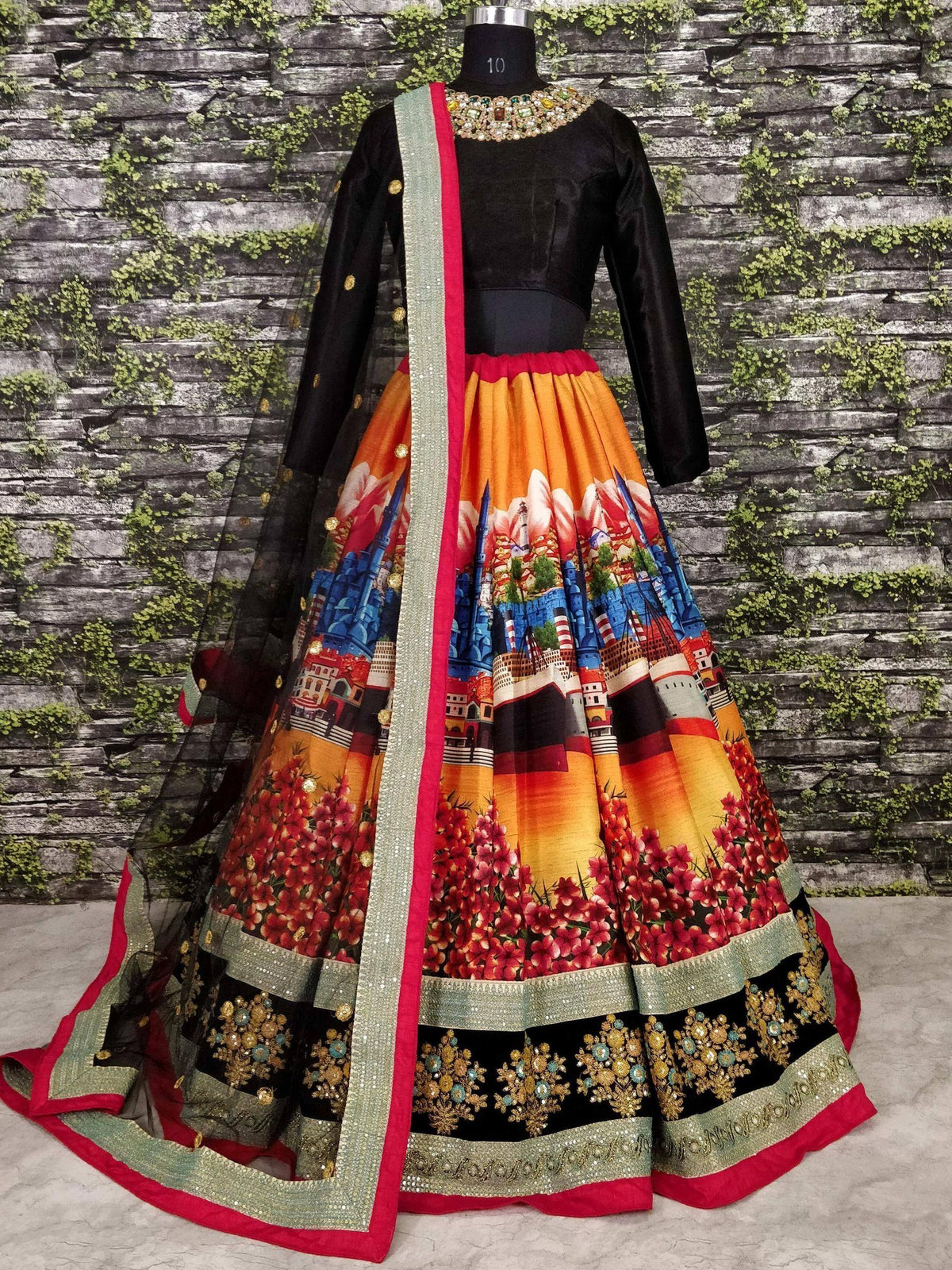 Tulsi Art Multi-Color Digital Printed Silk Wedding Lehenga Choli | Grocsy