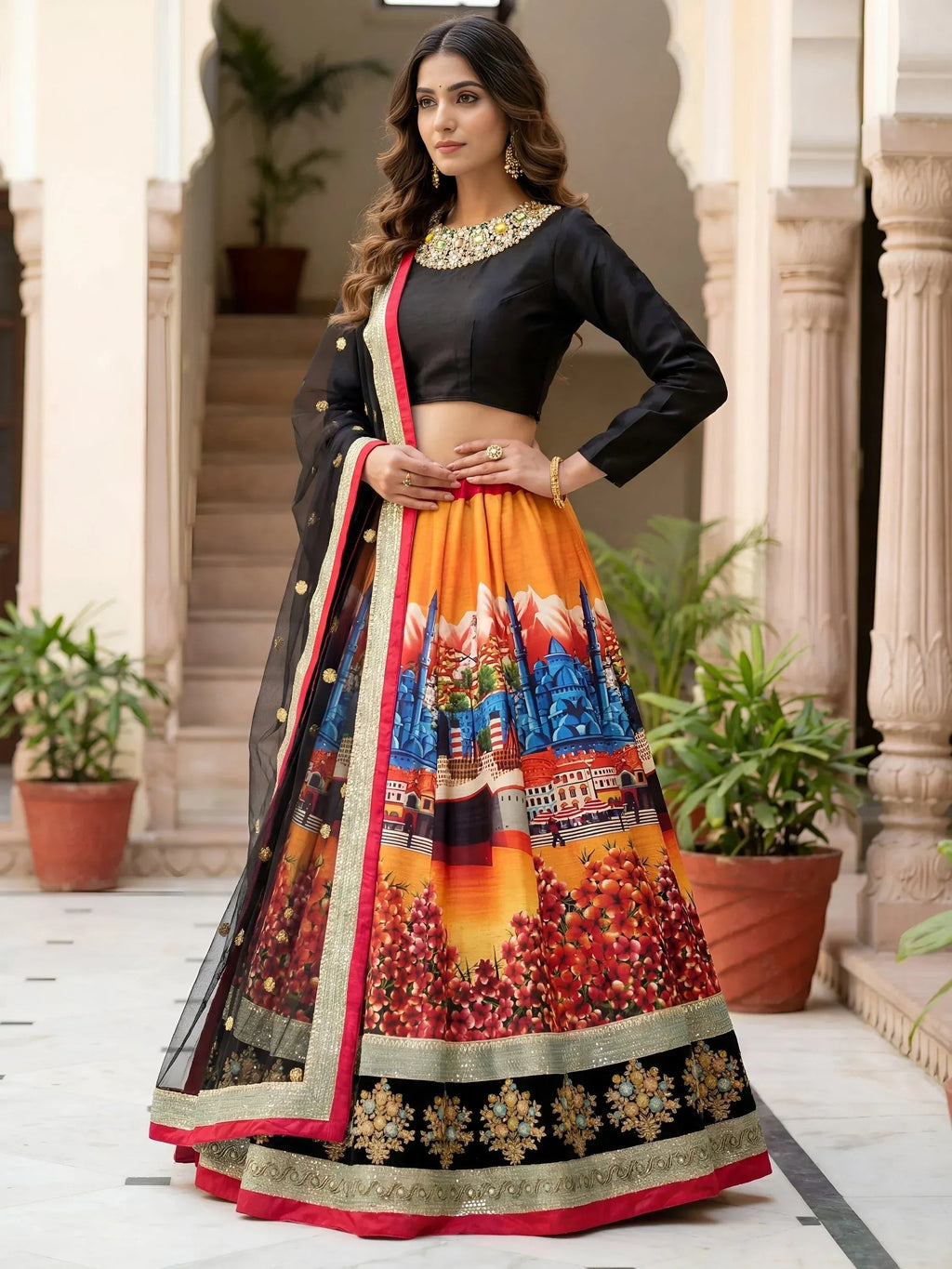 Tulsi Art Attractive Multicolor Floral Printed Silk Sangeet Wear Lehenga With Blouse | Grocsy