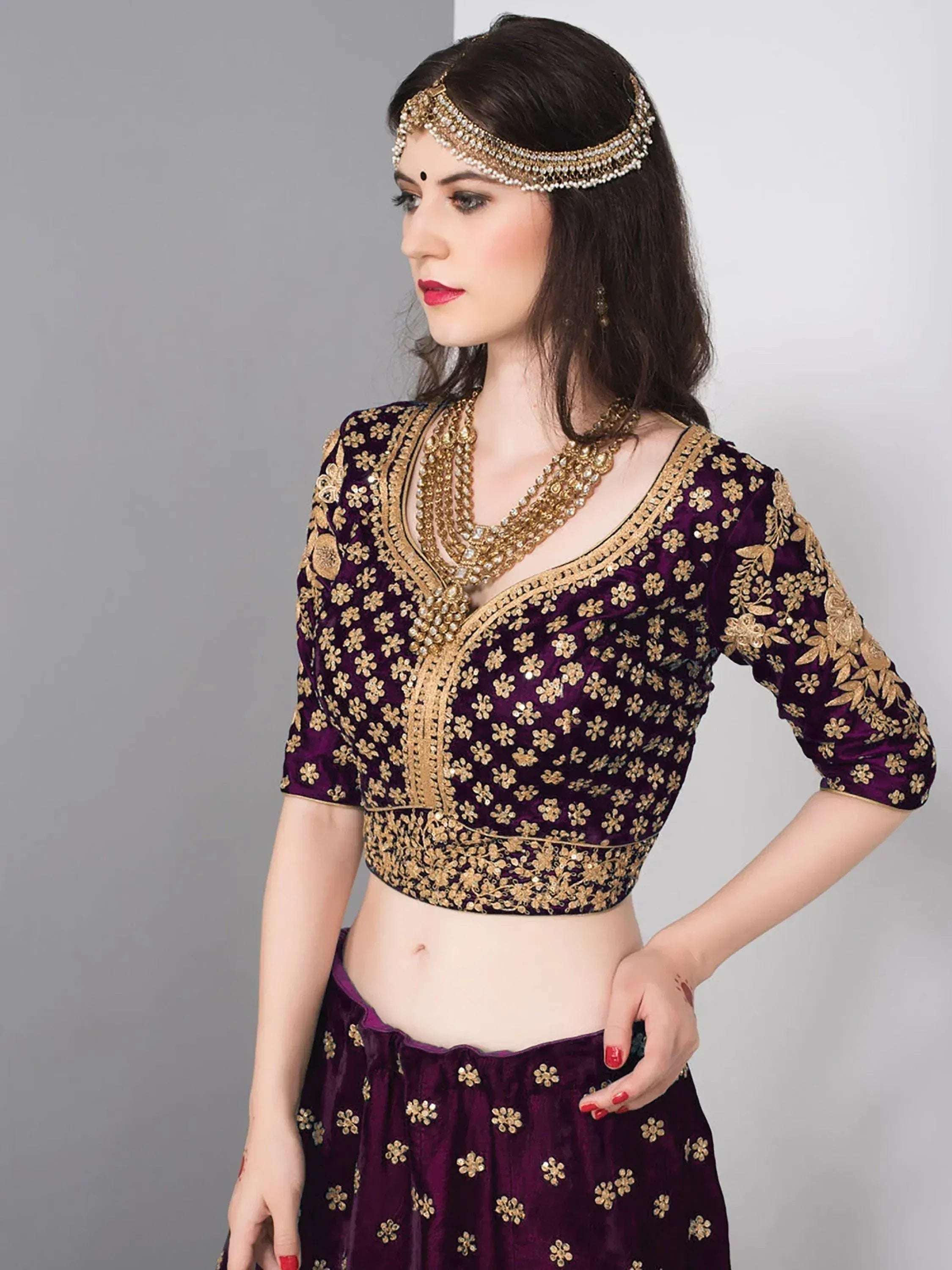 Tulsi Art Purple Embroidered Velvet Wedding Lehenga Choli With Dupatta | Grocsy