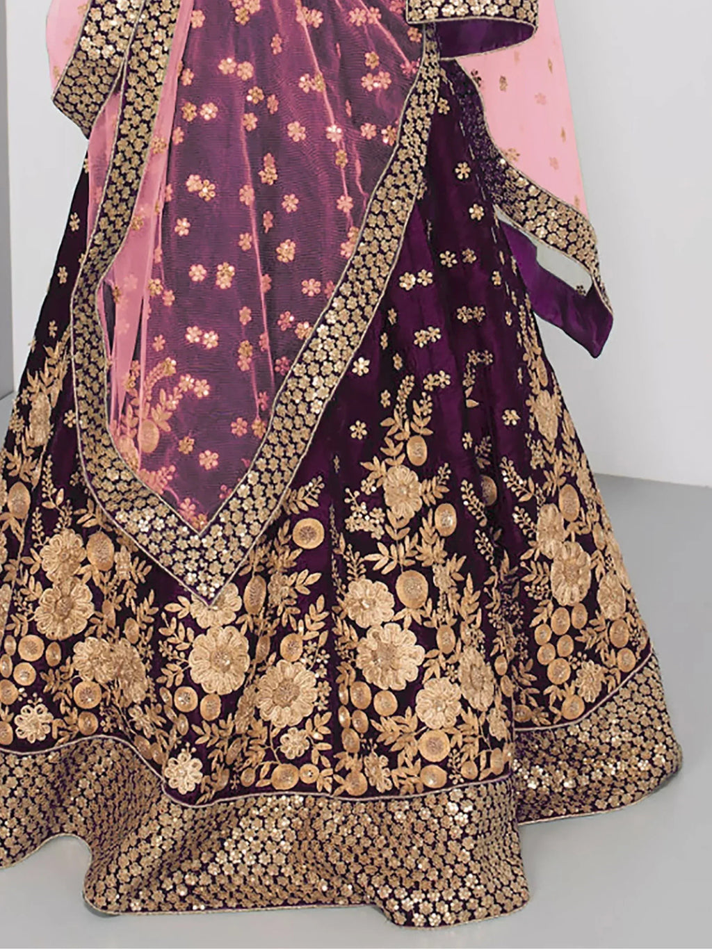 Tulsi Art Purple Embroidered Velvet Wedding Lehenga Choli With Dupatta | Grocsy
