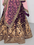 Tulsi Art Purple Embroidered Velvet Wedding Lehenga Choli With Dupatta | Grocsy