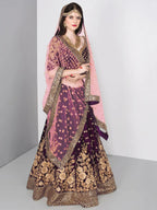 Tulsi Art Purple Embroidered Velvet Wedding Lehenga Choli With Dupatta | Grocsy