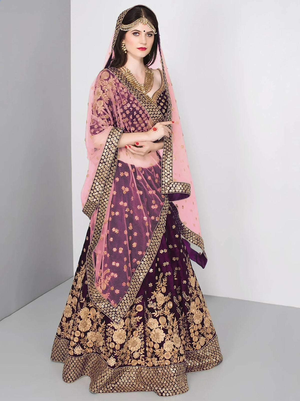 Tulsi Art Purple Embroidered Velvet Wedding Lehenga Choli With Dupatta | Grocsy