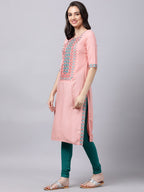 Souchii Women Peach-Coloured & Blue Ethnic Motifs Yoke Design Thread Work Pastels Kurta | Grocsy