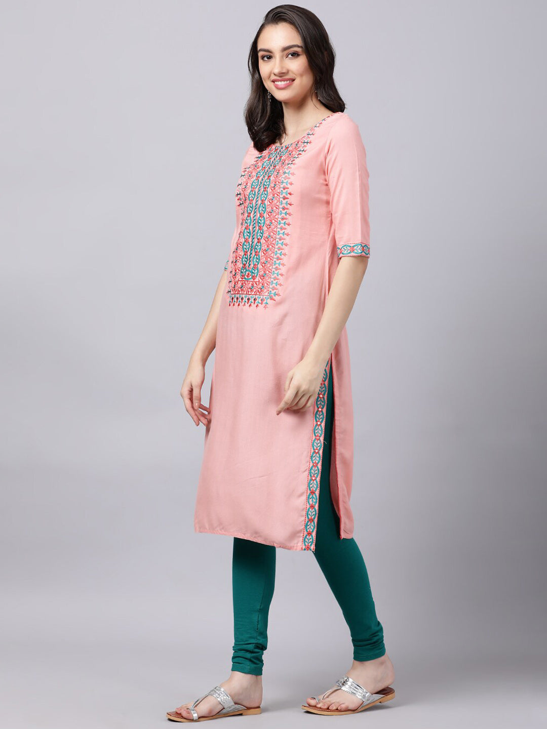 Souchii Women Peach-Coloured & Blue Ethnic Motifs Yoke Design Thread Work Pastels Kurta | Grocsy