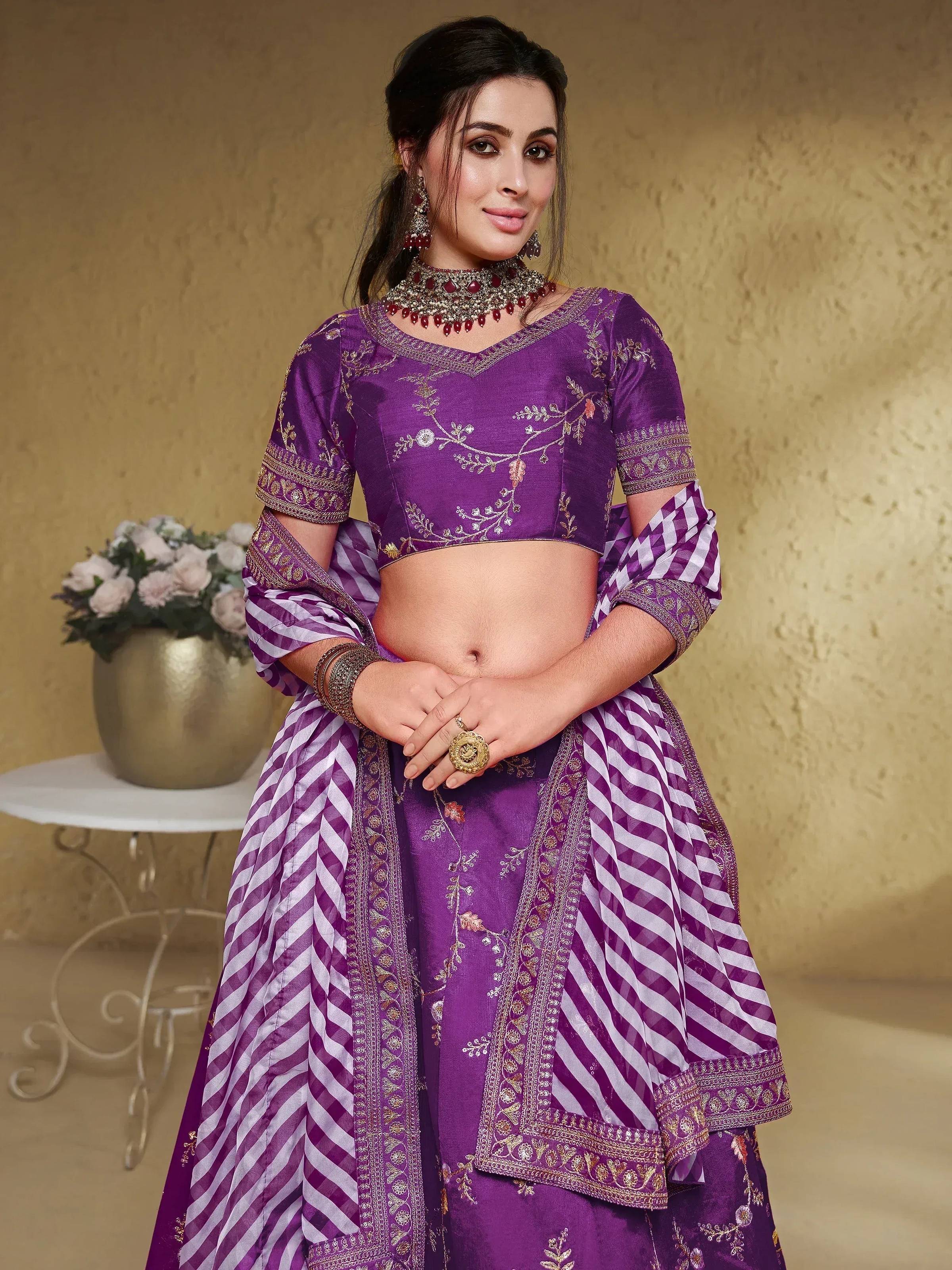 Tulsi Art Enchanting Purple Embroidered Silk Wedding Lehenga Choli With Dupatta | Grocsy