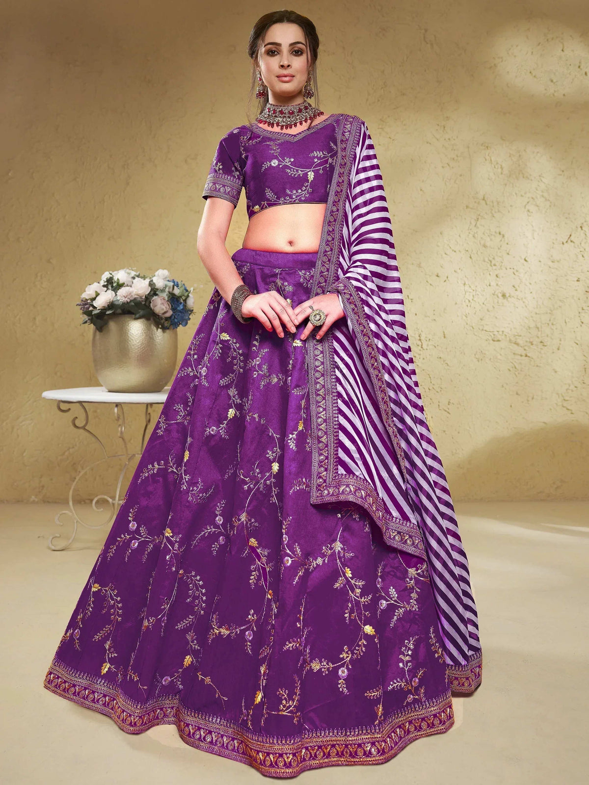 Tulsi Art Enchanting Purple Embroidered Silk Wedding Lehenga Choli With Dupatta | Grocsy