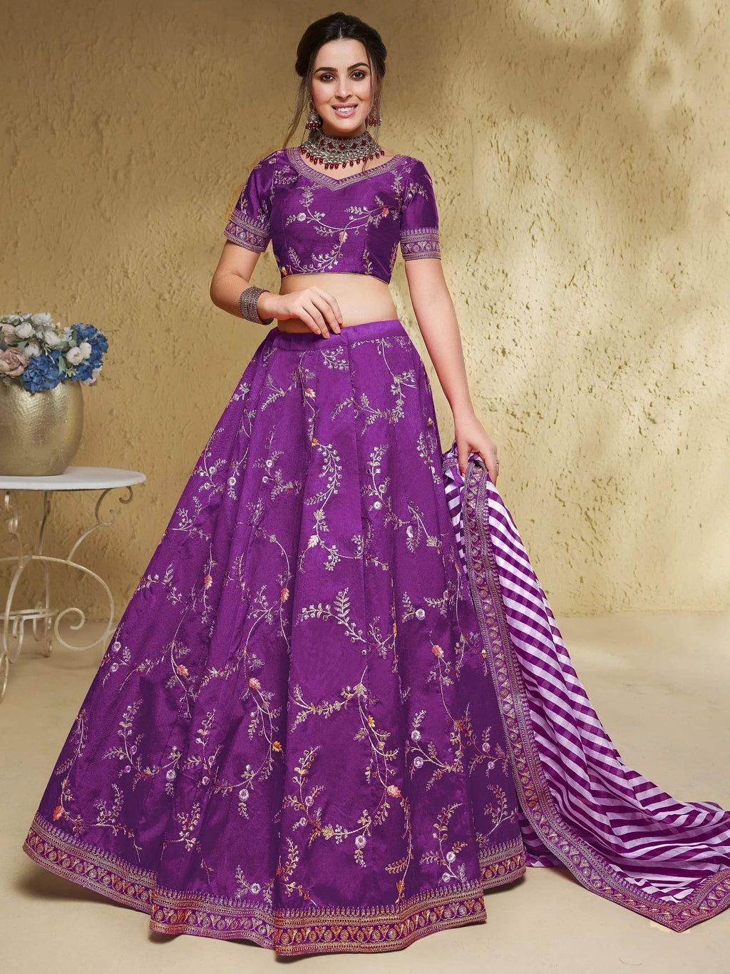 Tulsi Art Enchanting Purple Embroidered Silk Wedding Lehenga Choli With Dupatta | Grocsy
