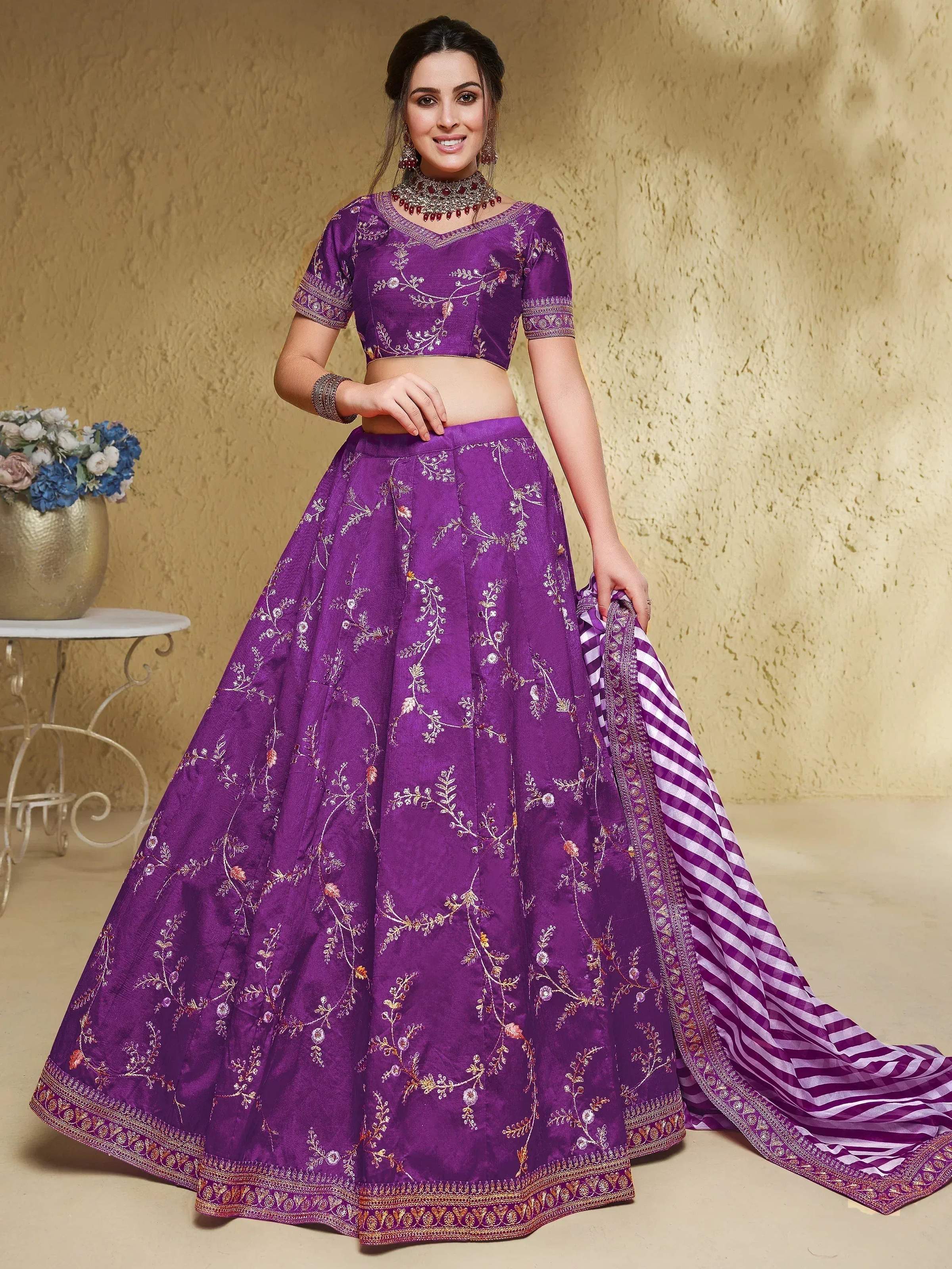 Tulsi Art Enchanting Purple Embroidered Silk Wedding Lehenga Choli With Dupatta | Grocsy