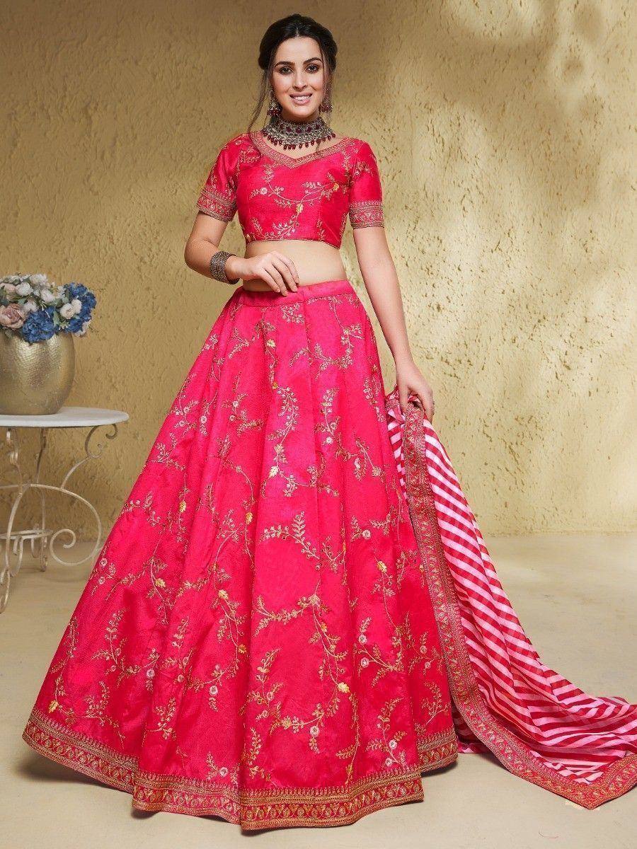 Tulsi Art Captivating Pink Thread Embroidered Silk Bridesmaid Lehenga Choli | Grocsy