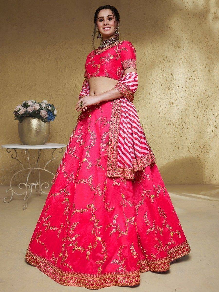 Tulsi Art Captivating Pink Thread Embroidered Silk Bridesmaid Lehenga Choli | Grocsy