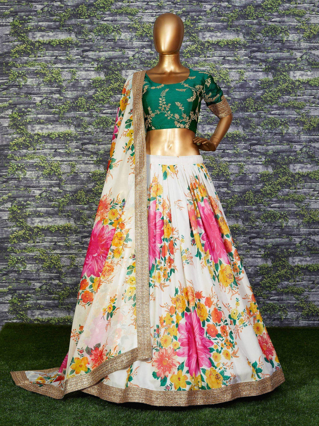 Tulsi Art Off White Floral Digital Printed Organza Bridal Lehenga Choli | Grocsy