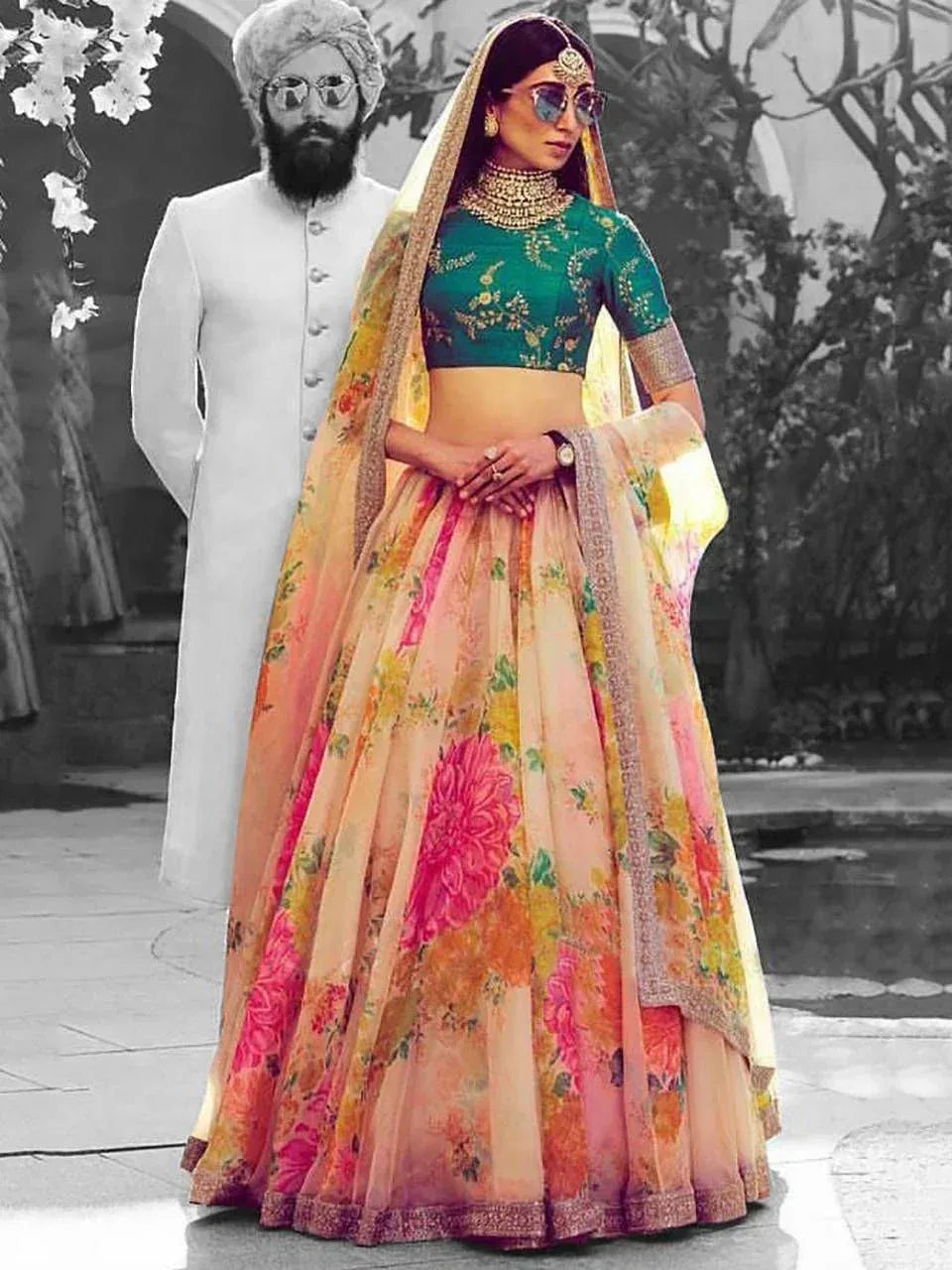 Tulsi Art Off White Floral Digital Printed Organza Bridal Lehenga Choli | Grocsy