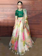 Tulsi Art Karishma Kapoor Off-White Floral Digital Printed Organza Bridal Lehenga Choli | Grocsy