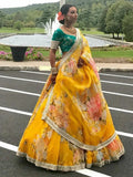 Tulsi Art Green-Yellow Floral Digital Printed Organza Bridal Lehenga Choli | Grocsy